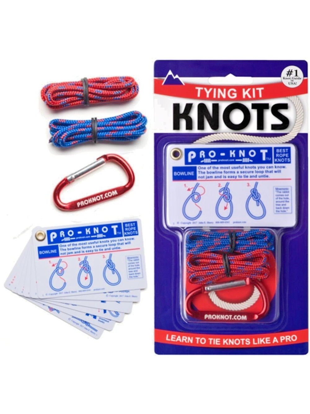 Pro-Knot Tying Kit 20 Essential Ones Ropes w Cords & Carabiner Knot Instructions